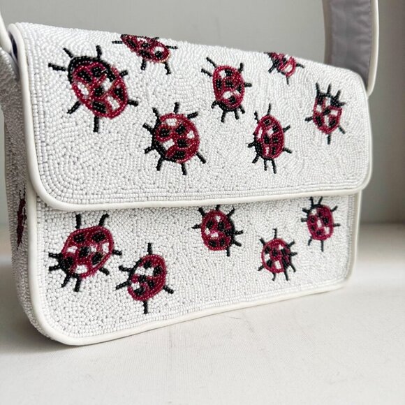 Beaded Lady Bug Lucky White Red Large Baguette Bag - Picture 4 of 14